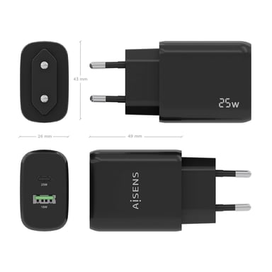 Chargeur Aisens 25W - 1xUSB-C PD3.0 - 1xUSB-A QC3.0 - Couleur Noir