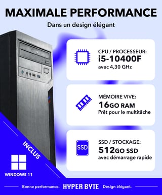 Ultra Office PC / Ordinateur de bureau - Intel Core i5-10400F - Tour Computer avec 16GO DDR4 RAM - 512 GO SSD - WiFi - Windows 11 Pro