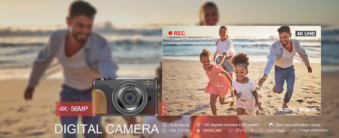NBD K100 Appareil Photo numérique 4K & 56MP - Caméra Vlogging pour Youtube avec Zoom 16X - Carte SD 32GB - 2 Battries