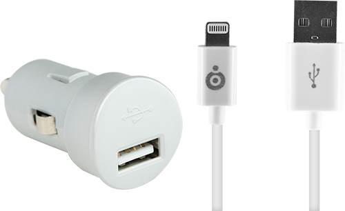 Chargeur voiture 2.4A Charge rapide + Câble USB A/Lightning Blanc Bigben