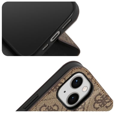 Guess Funda Folio para iPhone 14 Plus Estampado 4G con Soporte Integrado Marrón