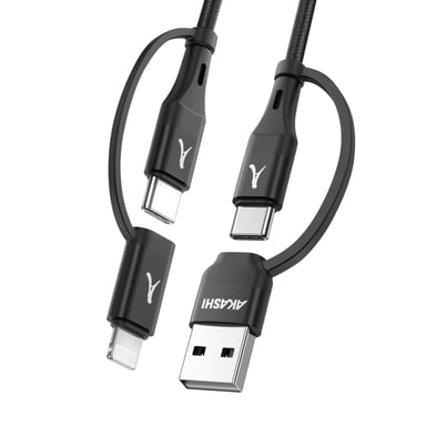 Akashi Cable 4 en 1 USB-C y USB a USB-C y Lightning Carga 20W 1m Negro