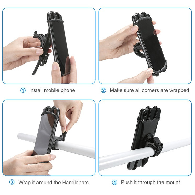 Support V lo Silicone pour Smartphone Guidon GPS Moto Poussette VTT Rotatif Universel NOIR