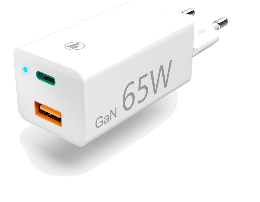 Chargeur GaN, USB-C Power Delivery (PD) + USB-A Qualcomm 3.0, 65W, Blanc