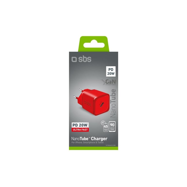 SBS TETRGAN1C20R chargeur d'appareils mobiles Casques, Haut-parleur portable, Smartphone, Smartwatch, Tablette Rouge Secteur Charge rapide Intérieure - Neuf