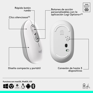 Logitech POP Mouse, ratón inalámbrico Bluetooth compacto y portátil con botones programables y clics discretos, tecnología Easy-Switch para alternar h