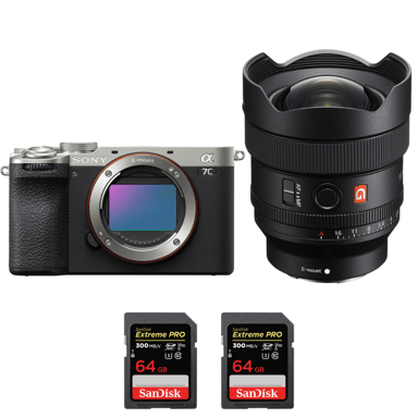 Appareil photo hybride Sony A7C II Silver + FE 14mm f/1.8 GM + 2 SanDisk 64GB Extreme PRO UHS-II + Ebook ''20 astuces pour des images qui claquent''