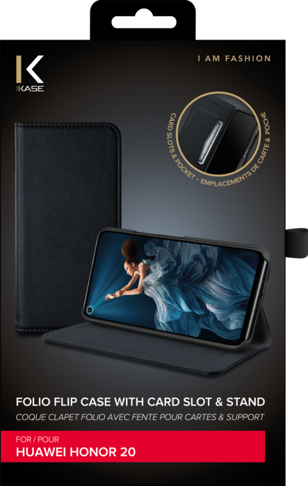 Coque clapet folio avec fente pour cartes & support pour Huawei Honor 20/ nova 5T, Noir