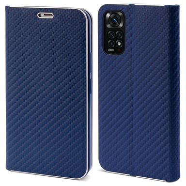 Moozy Étui Portefeuille pour Xiaomi Redmi Note 11 / 11S, Bleu Foncé Carbone - Étui à Rabat avec Bordure Métallique Fermeture Magnétique Flip Cover avec Porte-Cartes et Fonction Béquille
