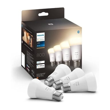 Pack de 4 ampoules LED connectées Philips Hue White E27, équivalent 60W, 800 lumens, compatible Bluetooth