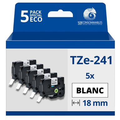 Confezione da 5 nastri compatibili con Brother TZe241 - Testo nero su sfondo bianco - Larghezza 18 mm x 8 metri