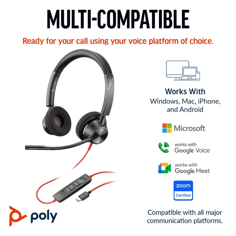 POLY Micro casque Blackwire 3320 stéréo USB C certifié Microsoft Teams + adaptateur USB CA Neuf - vue 2