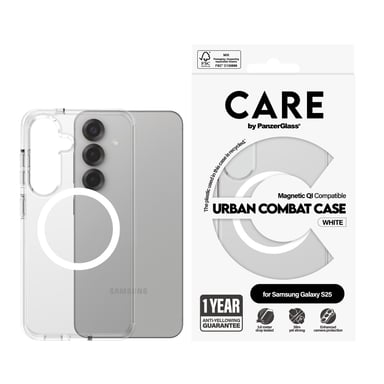 PanzerGlass CARE™ by ® Urban Combat Case Transparent w. White Qi Compatible Samsung Galaxy S25 coque de protection pour téléphones portables Housse Samsung Samsung - Galaxy S25