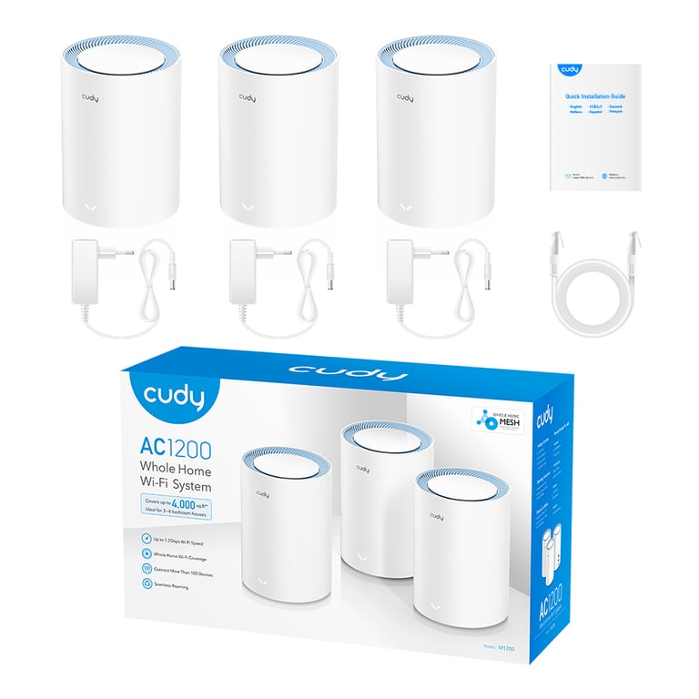 Cudy M1200 3-PACK système Wi-Fi maillé Bi-bande (2,4 GHz / 5 GHz) Wi-Fi 5 (802.11ac) Blanc 1 Interne - Neuf