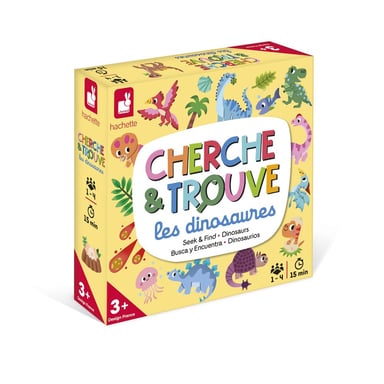 Jeu Cherche et Trouve JANOD Mon Premier - Dinosaures, 1-4 joueurs, 3+ ans, 20 cartes, plateau recto-verso, dé en bois Jaune - Neuf