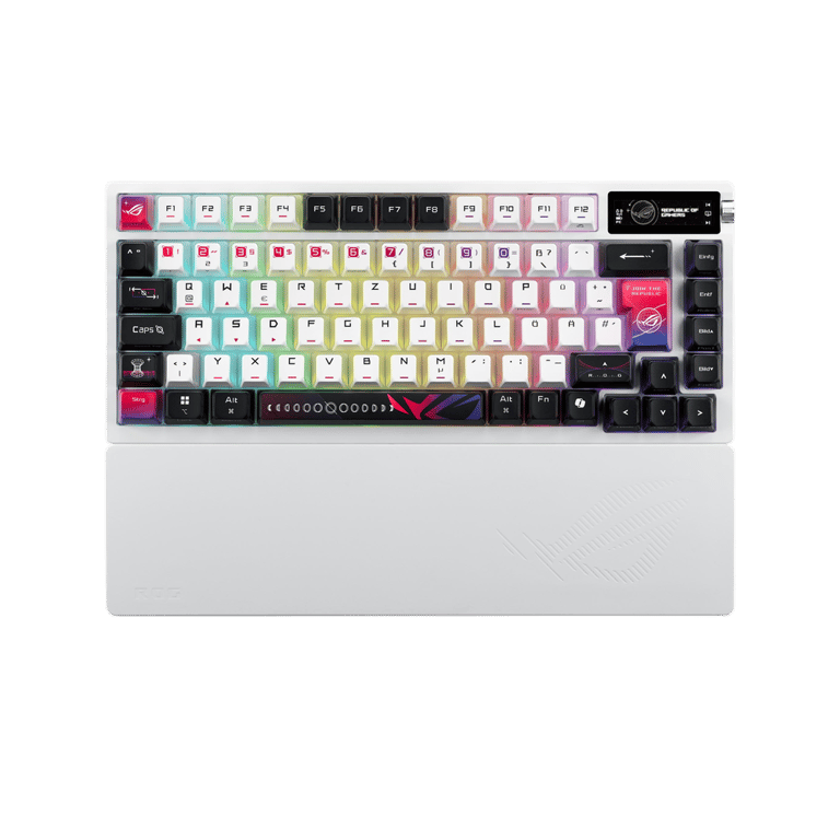 ASUS ROG Azoth X Clavier de Jeu personnalisé sans Fil 75% Disposition QWERTZ commutateurs mécaniques ROG NX V2 remplaçables à Chaud Bluetooth 2 4 GHz RF sans Fil USB SpeedNova écran OLED