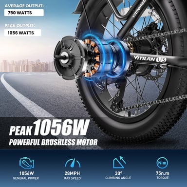 VITILAN U3 Bicicletta elettrica per adulti 20 pollici Fat Tire Ebikes Bicicletta elettrica pieghevole 750W, 48V 13Ah Step Thru E-Bike 7 velocità - Nero