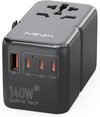 Adaptador de Viaje Universal MINIX TP140 con Puertos PD 140W, Tecnología GaN, Enchufe AC Internacional con 1 Puerto USB-A y 3 Puertos USB-C, Adaptador Mundial con Cargador Rápido PD3.1, QC4+, 659HF.