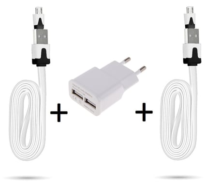 Pack Chargeur pour Smartphone Micro USB (2 Cables Chargeur Noodle + Double Prise Secteur USB) Android (BLANC)