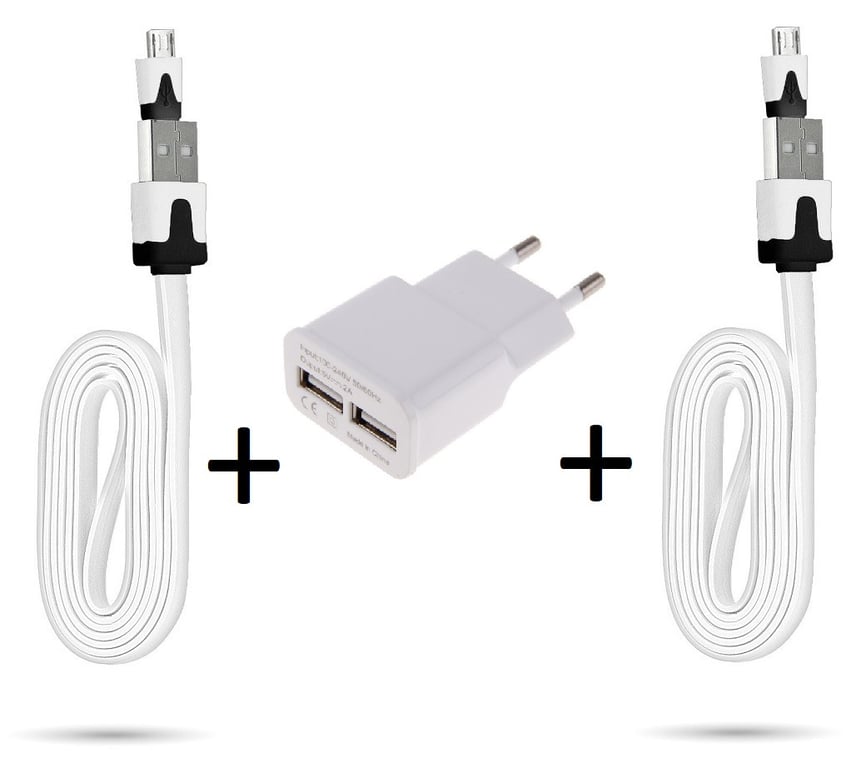 Pack Chargeur pour Smartphone Micro USB (2 Cables Chargeur Noodle + Double  Prise Secteur USB) Android (