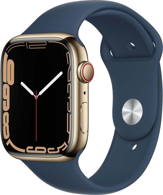 Watch Series 7 GPS + Cellular, Boîtier en Acier Inoxydable Or de 45 mm, Bracelet Sport Bleu