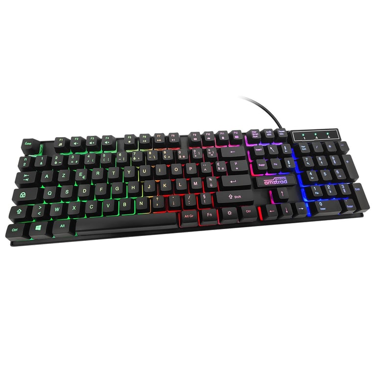 Amstrad Clavier Gamer AMS KEY008 USB Rétro éclairage RGB 12 raccourcis multimédia 104 Touches AZERTY Neuf