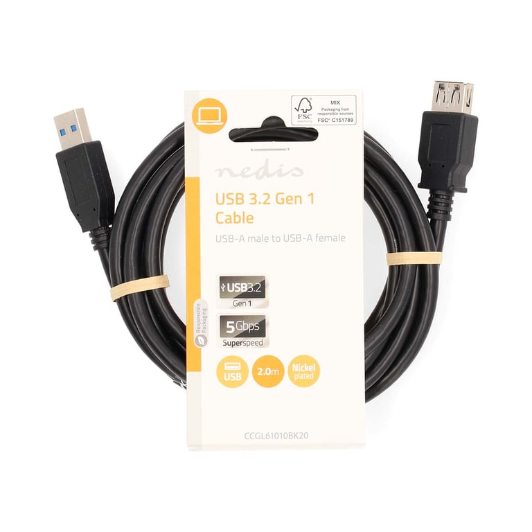Nedis CCGL61010BK20 câble USB USB 3.2 Gen 1 (3.1 Gen 1) 2 m USB A Noir - Neuf