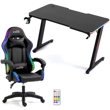 Amstrad Pack Bureau DESK120Z-LED & fauteuil gamer 700-LED-DARKSIDE - 1m20 - Retro éclairage LED RGB