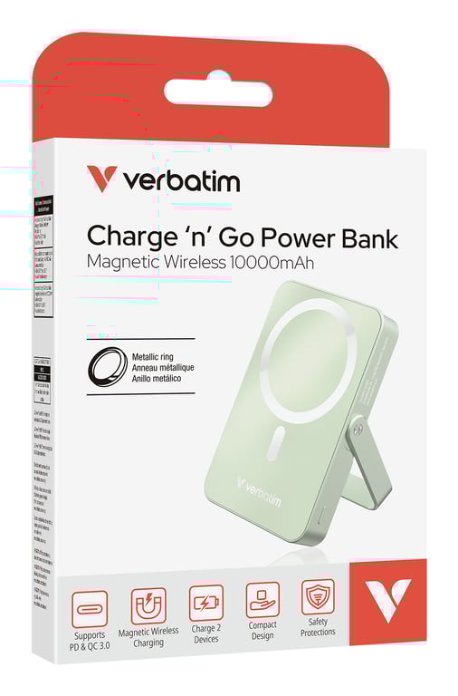 Verbatim Charge 'n' Go Magnetic Wireless Lithium Polymère (LiPo) 10000 mAh Recharge sans fil Vert - Neuf