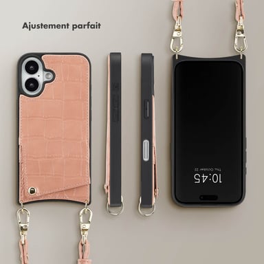 Selencia Coque de télephone Nova Croco avec cordon et porte-cartes pour Apple iPhone 16 - Old Pink