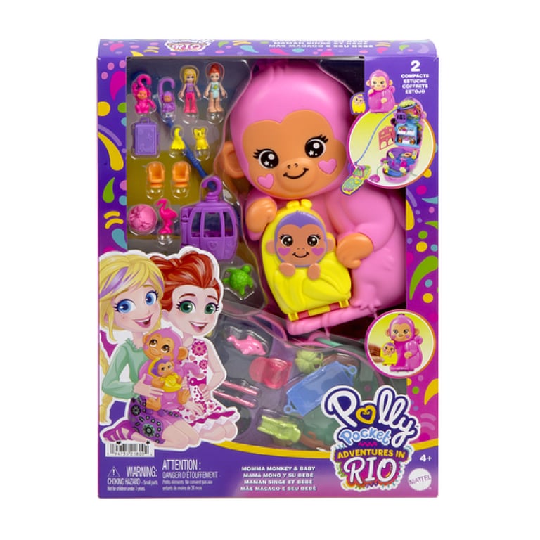 Polly Pocket Maman Singe et Son Bébé Coffret avec animaux et 13 accessoires jouet 2 en 1 sac à main à porter HWP04 - vue 2