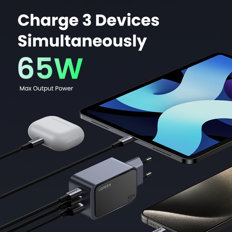 Chargeur secteur Ugreen Gan avec 2 USB C et 1 USB A anodisé - vue 4