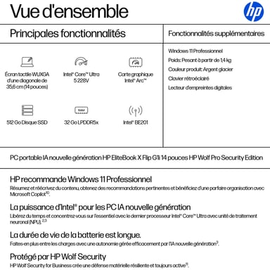 HP EliteBook X Flip G1i Next Gen AI Wolf Pro Security Edition Copilot+ PC Intel Core Ultra 5 228V Híbrido (2-en-1) 35,6 cm (14'') Pantalla táctil WUXGA 32 GB LPDDR5x-SDRAM 512 GB SSD Wi-Fi 7 (802.11be) Windows 11 Pro Plata