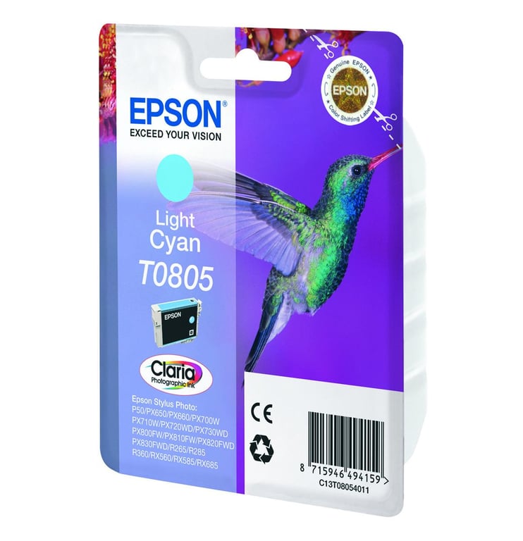 Cartouche d'encre Epson Colibri Light Cyan Claria Pigment Original C13T08054021 pour imprimantes jet d'encre Epson Stylus Photo PX830FWD Cyan clair - Neuf