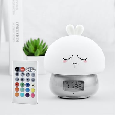 WE Despertador infantil con forma de conejo, indicador de hora y temperatura, cabeza de silicona, recargable con mando a distancia