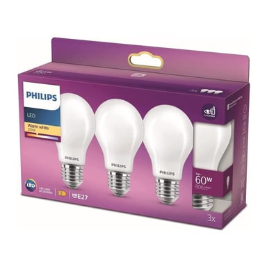 Pack de 3 ampoules LED Philips E27 60W, blanc chaud