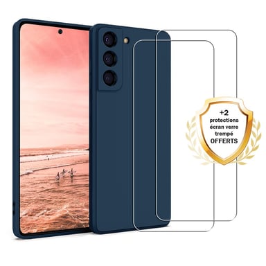EVETANE Samsung Galaxy S22 5G Funda de silicona líquida Azul Marino + 2 cristales templados Protector de pantalla antichoque