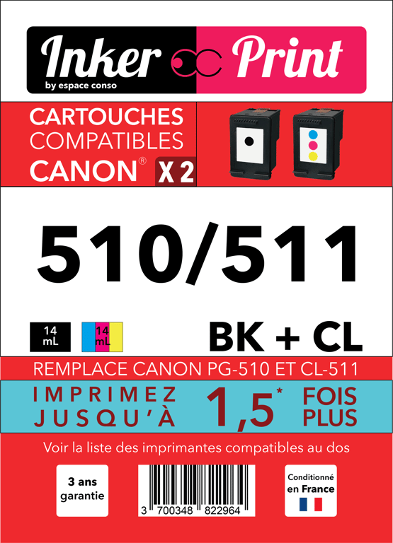 Pack de Cartouches d'encre recyclées compatibles avec CANON 510 / 511 XL (Noir et Couleurs)