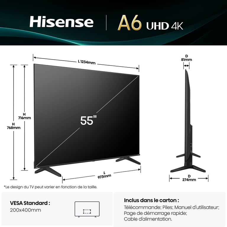 TV LED Hisense 4K UHD 58A6Q 146 cm 2025 - vue 5