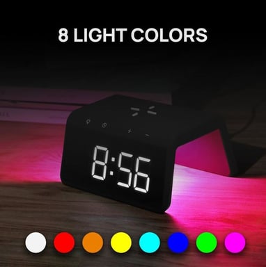 Evelatus WCC01BK Réveil 2 en 1 à grands chiffres avec chargeur sans fil 10 W et lampe couleur RVB Noir