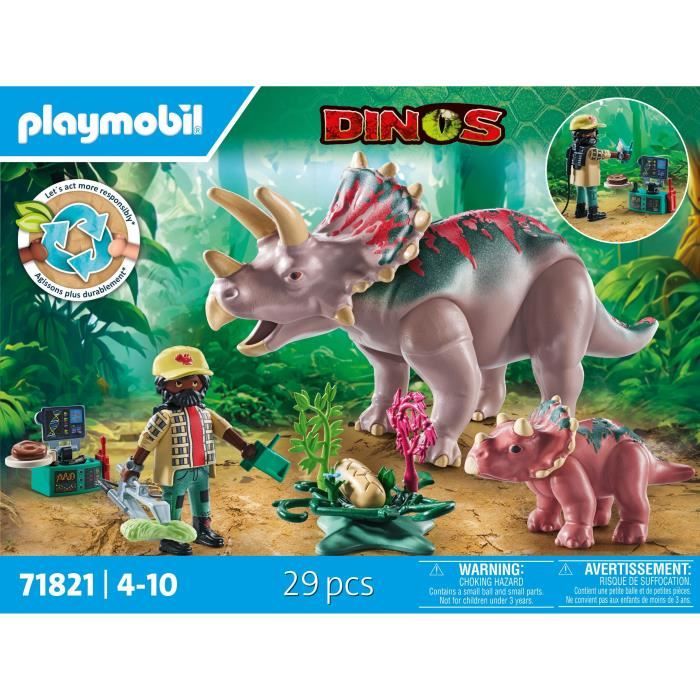 Tricératops avec bébé et explorateur - vue 3