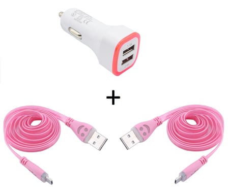 Pack Voiture pour Smartphone Micro USB (2 Cables Smiley + Double Adaptateur LED Allume Cigare)