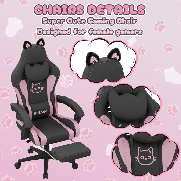 Chaise de jeu ergonomique avec oreilles de chat, support lombaire massant et repose-pieds - Rose et noir