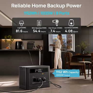 Central eléctrica portátil DaranEner Cubus1000 Max, batería LiFePO4 de 1152?Wh, salida CA de onda sinusoidal pura 1000?W, potencia de pico 2000?W, entrada solar 300?W, USB?C PD 100?W, salida XT60, MPPT, BMS, UPS, más de 3500 ciclos