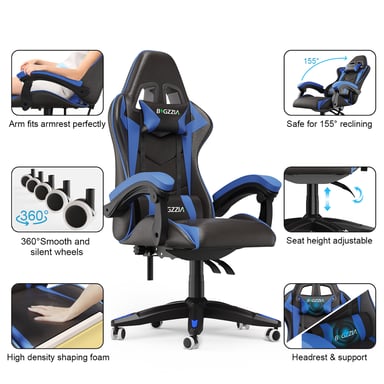 Silla gaming reclinable de cuero sintético con respaldo alto, reposacabezas y soporte lumbar - Azul