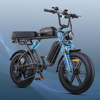 Bicicleta de montaña eléctrica ENGWE M1 de 20'' con neumáticos anchos, batería de 48 V 28,6 Ah, suspensión total, autonomía de hasta 90-170 km, color negro