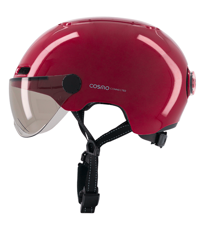 Cosmo Fusion+ Taille M, Bordeaux Brillant- Casque avec éclairage Vélo Arrière Intelligent et Connecté - Assurance Individuelle ALLIANZ offerte durant 1 an - Neuf
