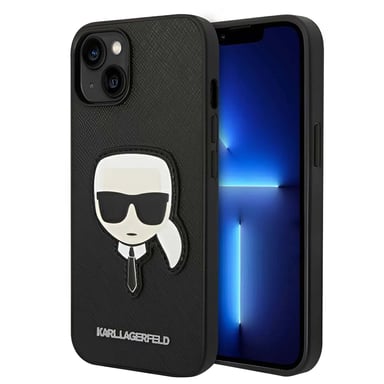 Cover per iPhone 14 Plus Saffiano Karl Head Patch Protezione Antiurto Rigida