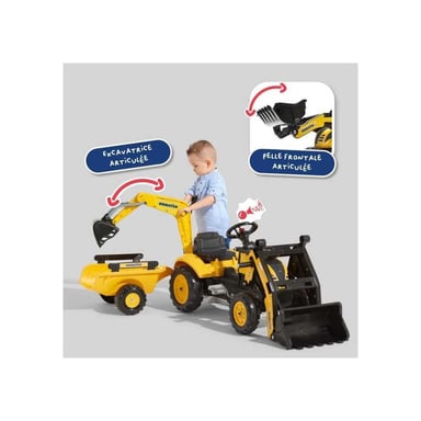 Tractopelle à pédales FALK Komatsu selle pivotante 360° pelle frontale excavatrice arrière remorque basculante Jaune