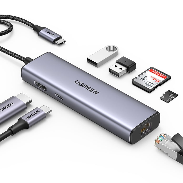 Ugreen USB C to 2*USB3.0+HDMI+RJ 45+SD&TF+PD port Hub Neuf